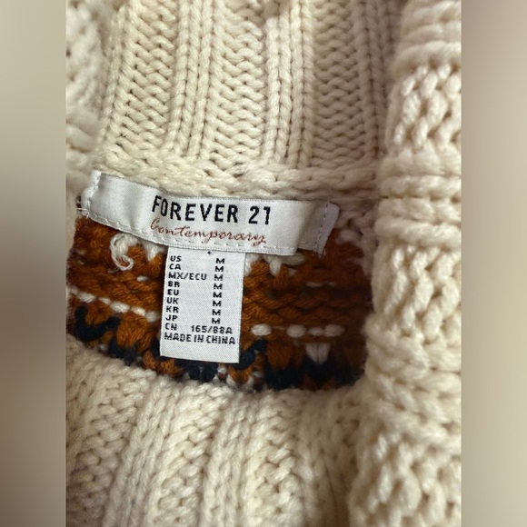 Forever 21 Cream Navy Blue Nordic Boho Fair Isle Fringe Sweater Women’s Sz M - Picture 6 of 8